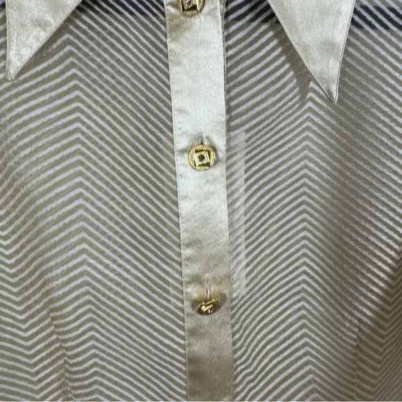 Dominique Gold Satin Button Down Blouse with Chevron Pattern Long Sleeve Size 45 - Picture 4 of 11